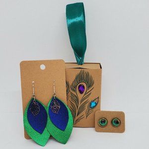 Lot of 2 KL Sparkles Jewelry Earrings "Elegant Peacock" Dangle Stud Blue Green